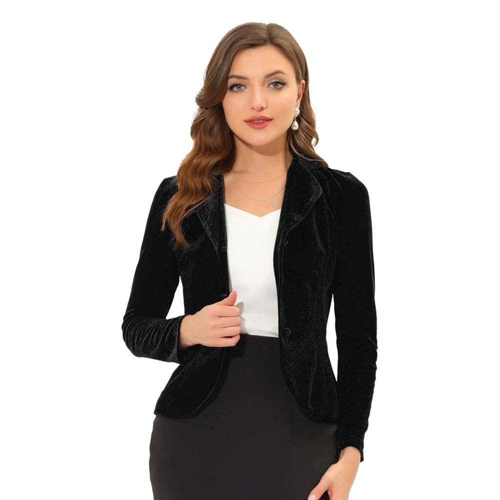 NWT Allegra K Black Velvet Notched Lapel Button‎ Office Blazer – Small